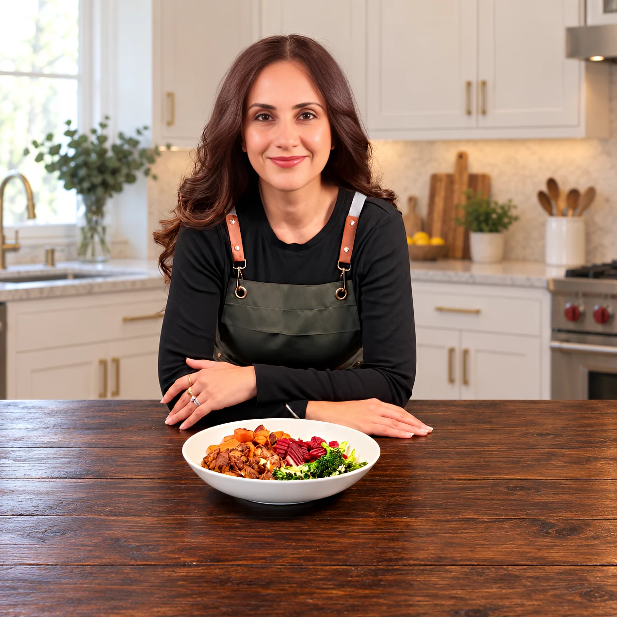 Chef Yasmeen seated in her kitchen with a plated meal